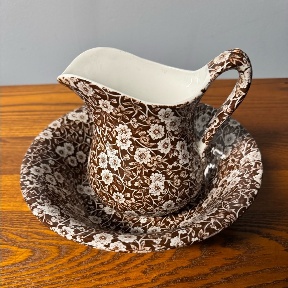 Staffordshire Floral Brown and White Pitcher and Bowl Set